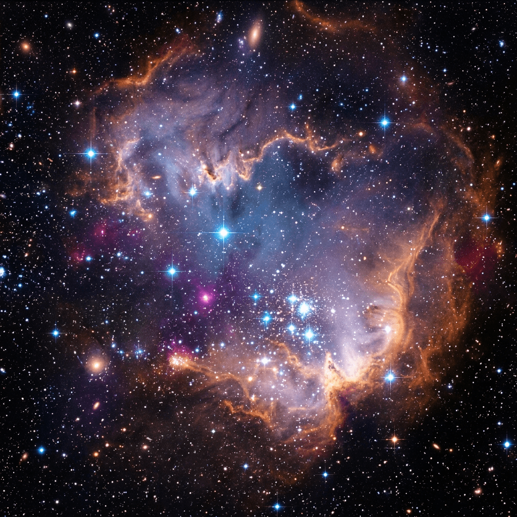 Colorful star-forming nebula with bright young star cluster and gas clouds
