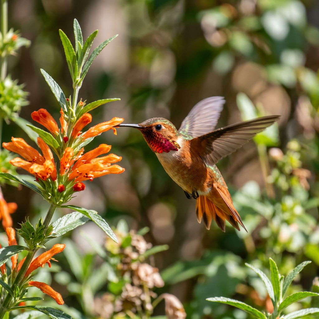 Hummingbird with iridescent feathers feeding on orange tubular flowers